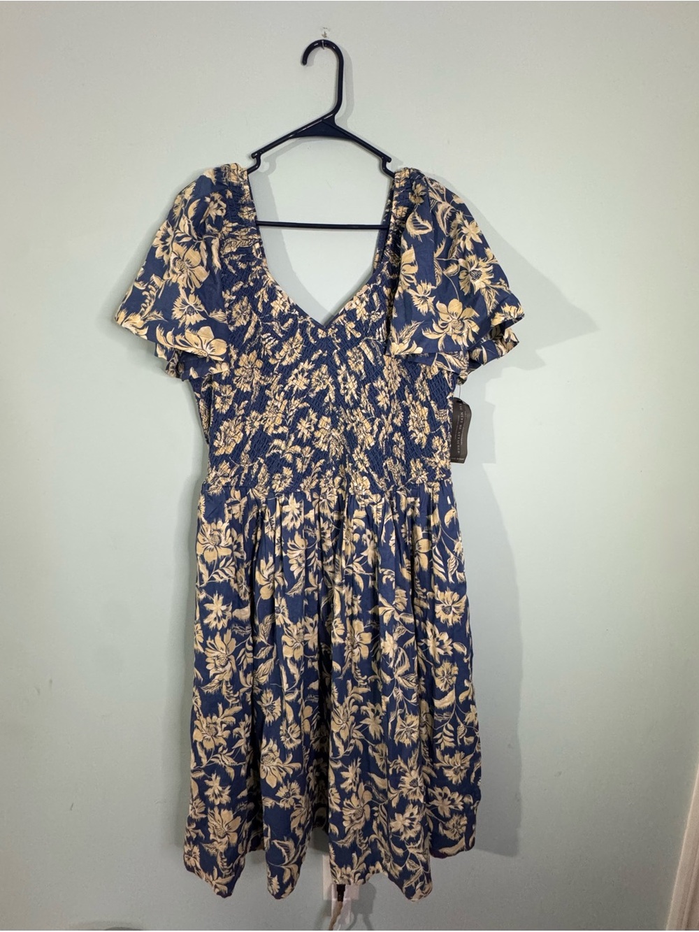 Lane Bryant Navy and Cream Floral Midi Dress with Smocked Bodice